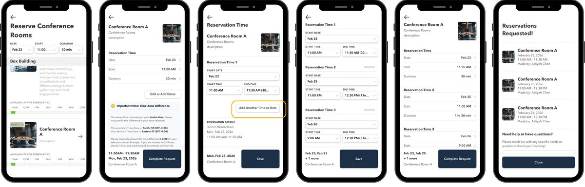 Six Cove tenant reservation screens, from availability to the Requested confirmation